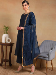 Women Teal Silk Blend Embroidered Straight Kurta Pant Set With Dupatta-PKSKD2229