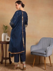 Women Teal Silk Blend Embroidered Straight Kurta Pant Set With Dupatta-PKSKD2229