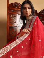 Women Red Silk Blend Solid Embroidered Straight Kurta Trouser With Dupatta