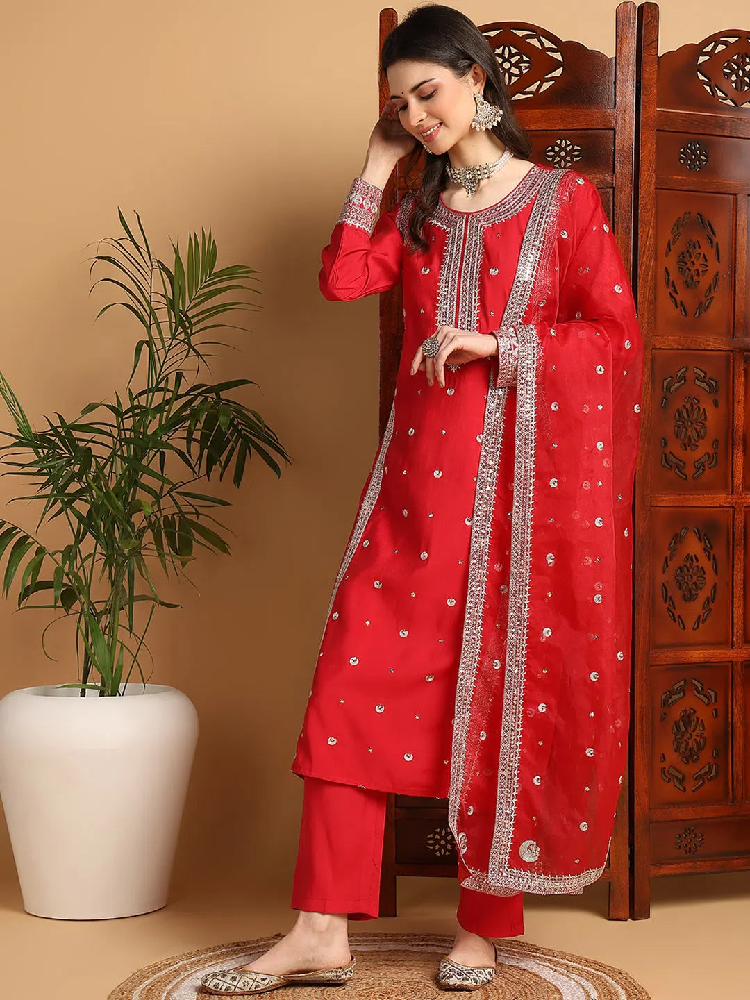 Red Silk Embroidered Straight Kurta Trouser with Dupatta Set