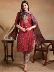 Women Maroon Silk Blend Embroidered Straight Kurta Pant Set With Dupatta-PKSKD2235