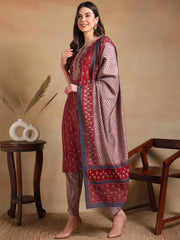 Women Maroon Silk Blend Embroidered Straight Kurta Pant Set With Dupatta-PKSKD2235