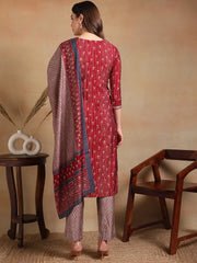 Women Maroon Silk Blend Embroidered Straight Kurta Pant Set With Dupatta-PKSKD2235