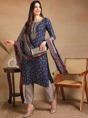 Women Navy Blue Silk Blend Embroidered Straight Kurta Pant Set With Dupatta-PKSKD2236