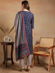 Women Navy Blue Silk Blend Embroidered Straight Kurta Pant Set With Dupatta-PKSKD2236