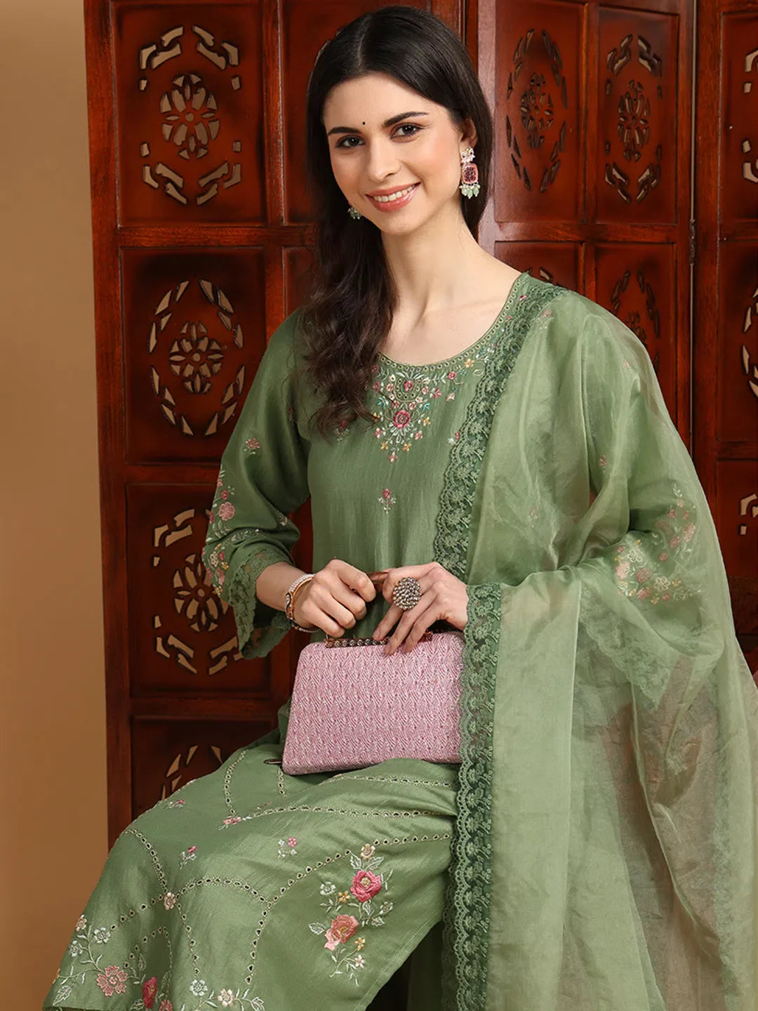 Green Embroidered Kurta Set with Dupatta - Indian Kurta Sets