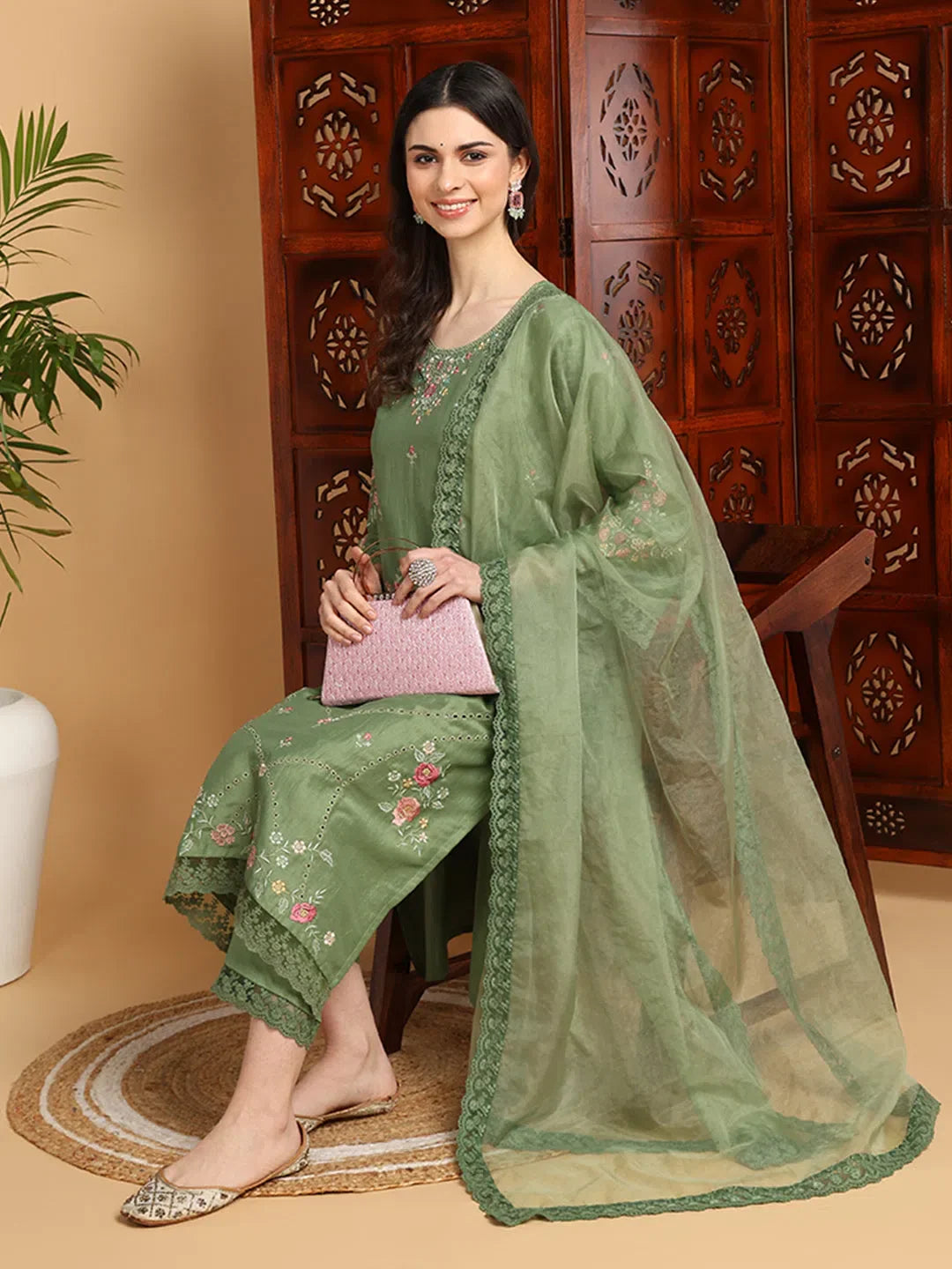 Green Embroidered Kurta Set with Dupatta - Indian Kurta Sets