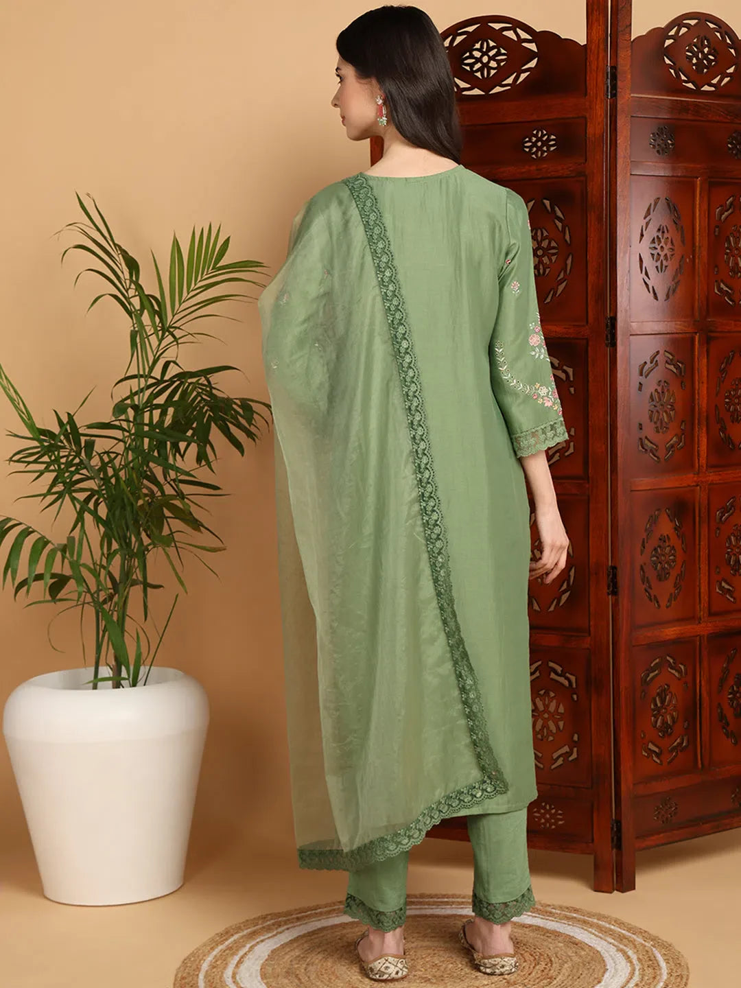 Green Embroidered Kurta Set with Dupatta - Indian Kurta Sets