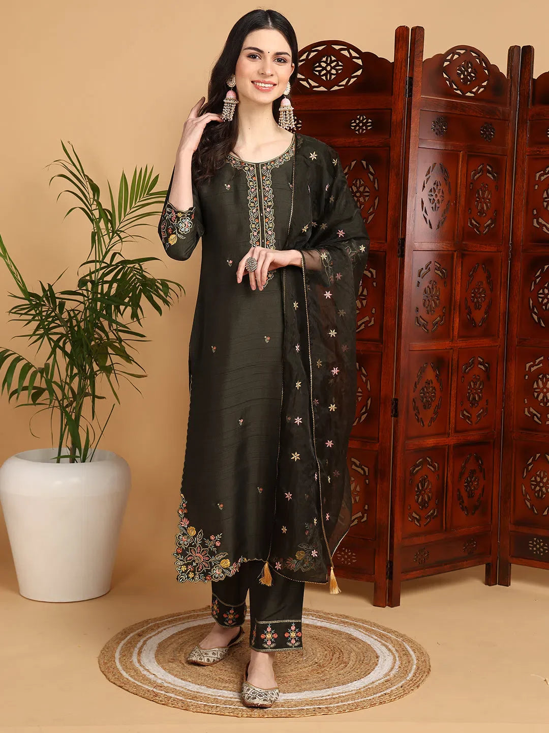 Women Olive Silk Blend Embroidered Straight Kurta Pant Set With Dupatta-PKSKD2239