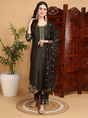 Women Olive Silk Blend Embroidered Straight Kurta Pant Set With Dupatta-PKSKD2239