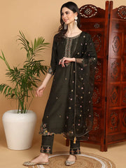 Women Olive Silk Blend Embroidered Straight Kurta Pant Set With Dupatta-PKSKD2239