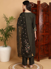 Women Olive Silk Blend Embroidered Straight Kurta Pant Set With Dupatta-PKSKD2239