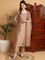 Women Beige Silk Blend Floral Embroidered Straight Kurta Trouser With Dupatta