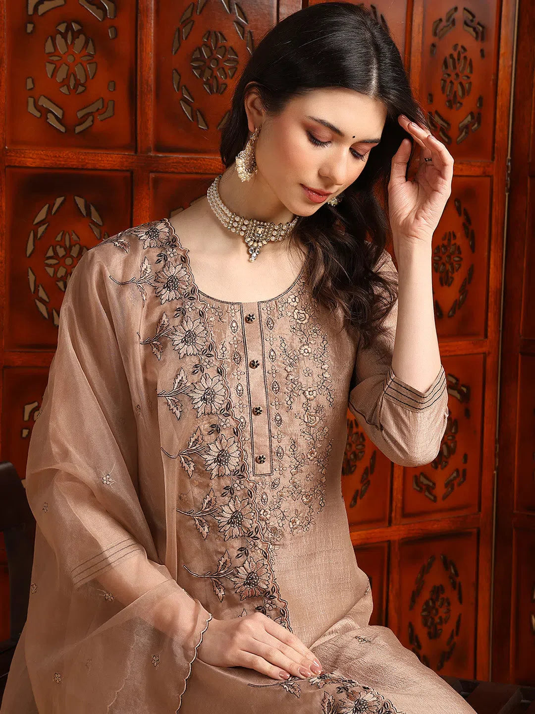 Beige Floral Embroidered Silk Kurta Set with Dupatta