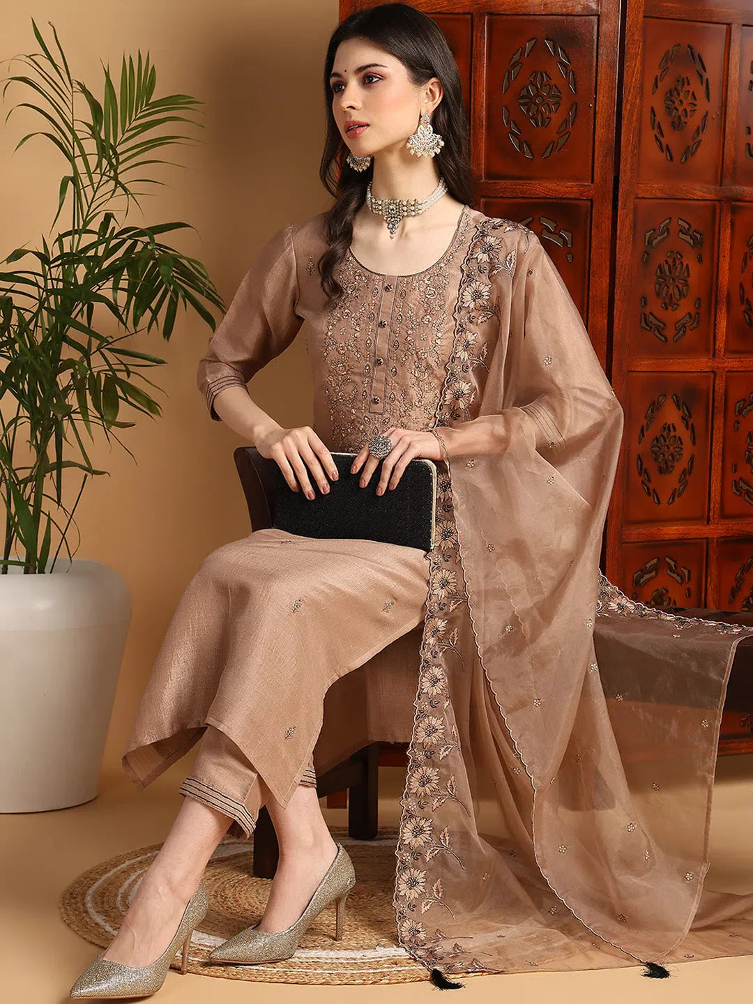 Beige Floral Embroidered Silk Kurta Set with Dupatta