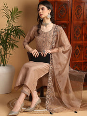Women Beige Silk Blend Floral Embroidered Straight Kurta Trouser With Dupatta
