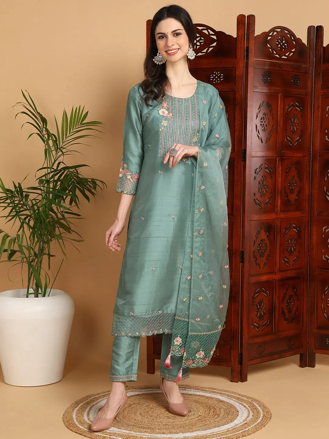 Teal Silk Blend Kurta Set with Dupatta - Indian Kurta Sets