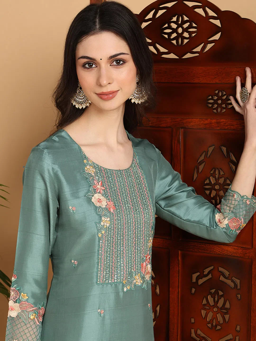 Teal Silk Blend Kurta Set with Dupatta - Indian Kurta Sets