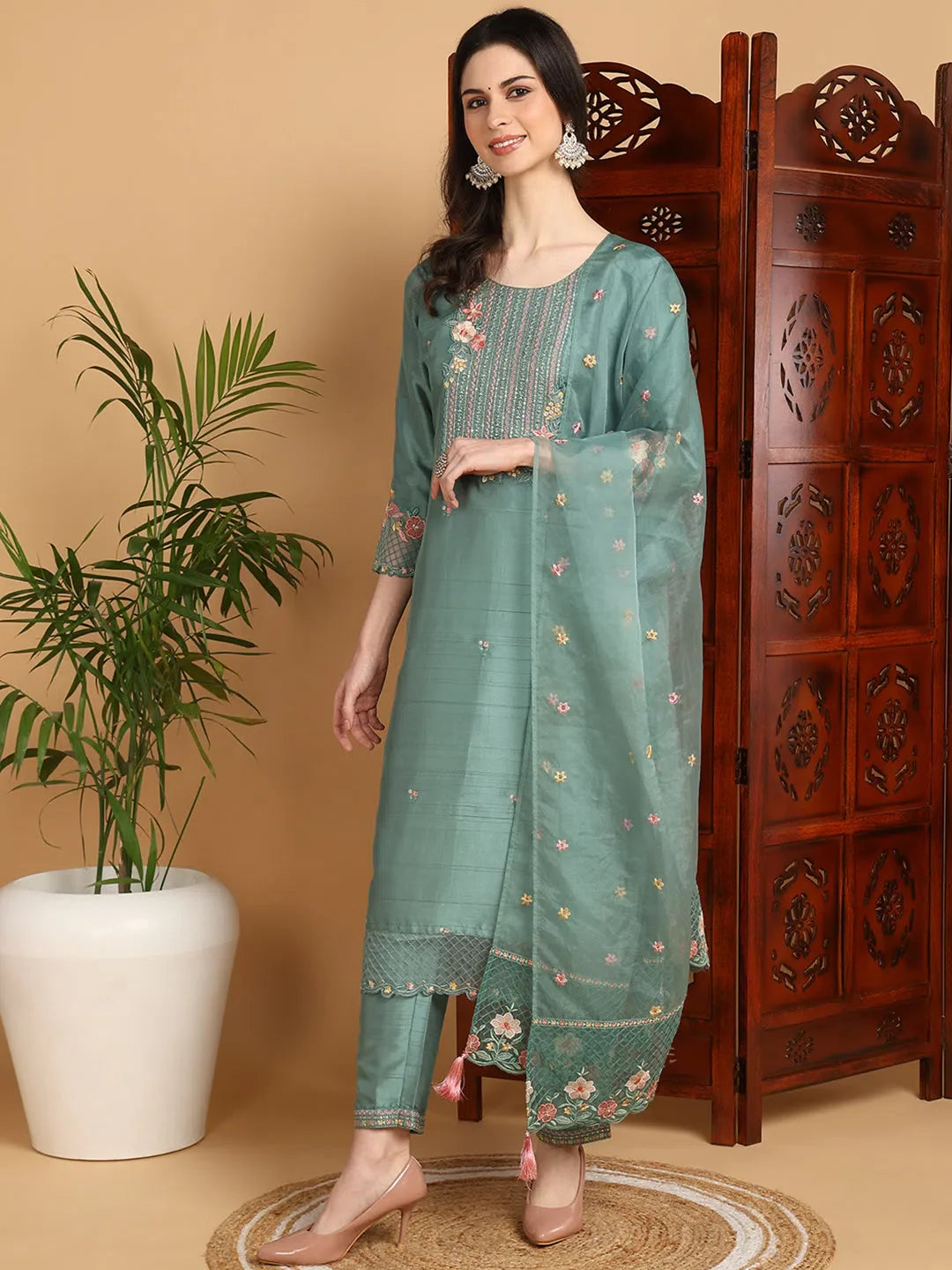 Teal Silk Blend Kurta Set with Dupatta - Indian Kurta Sets