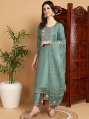 Women Teal Silk Blend Yoke Design Straight Kurta Pant Set With Dupatta