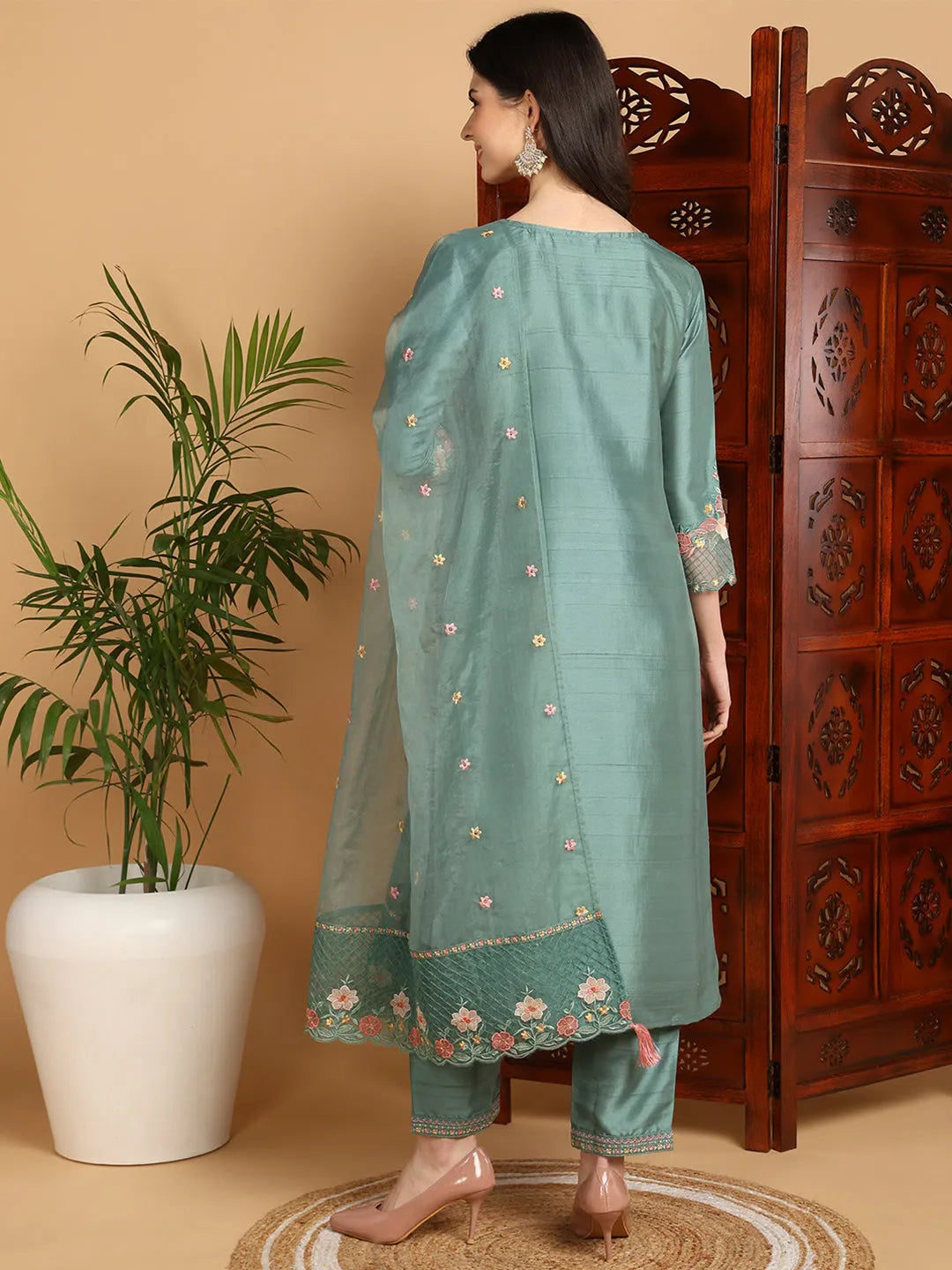 Women Teal Silk Blend Yoke Design Straight Kurta Pant Set With Dupatta