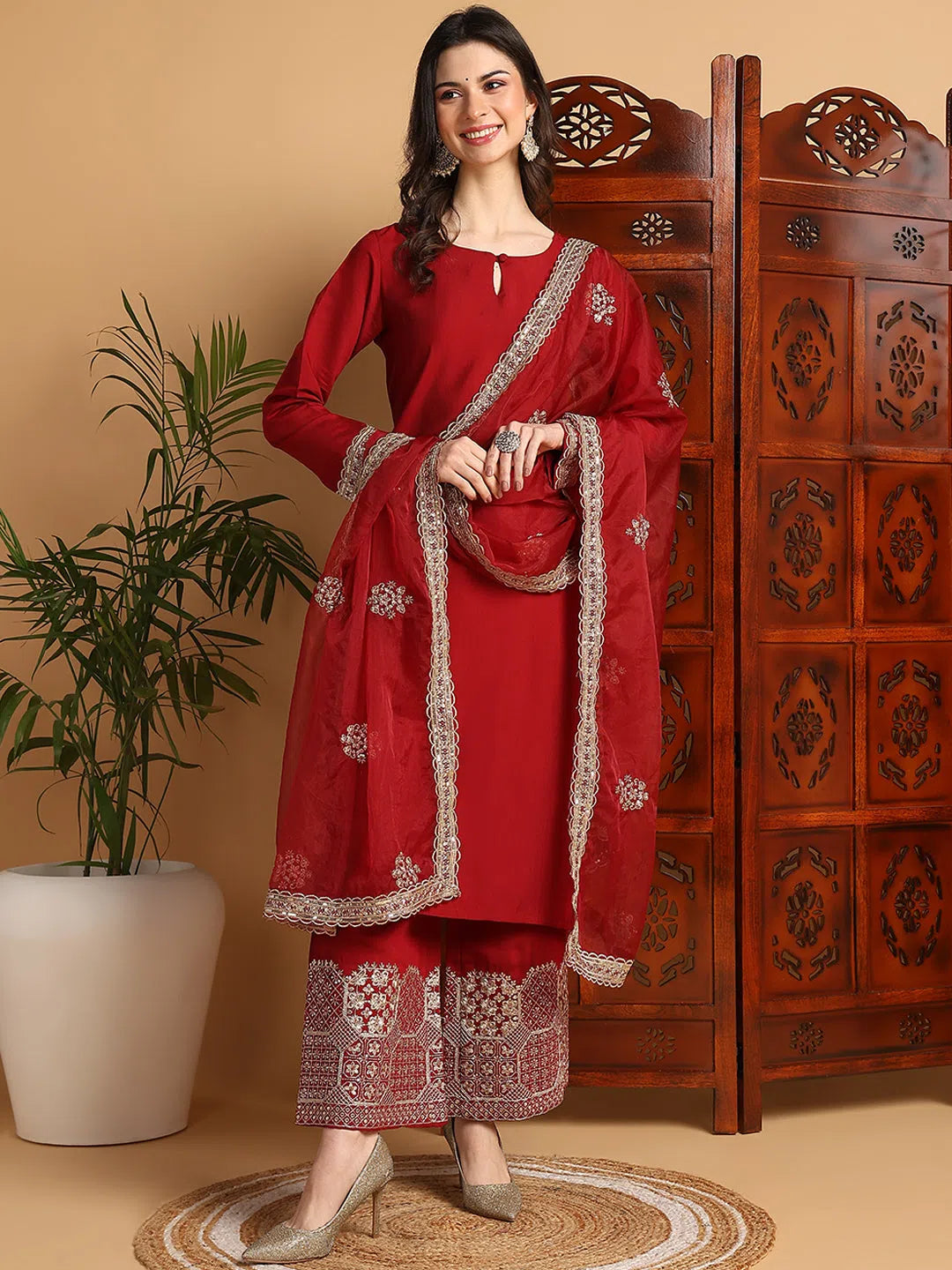 Maroon Silk Kurta Palazzo Set - Elegant Women's Outfit