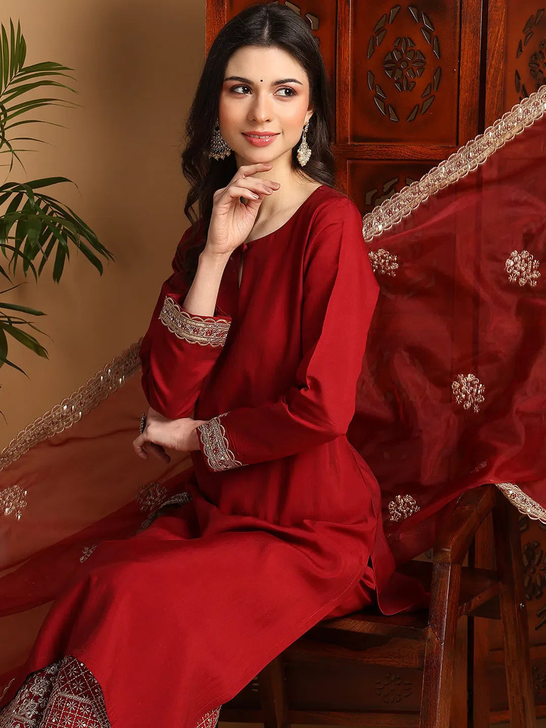 Maroon Silk Kurta Palazzo Set - Elegant Women's Outfit
