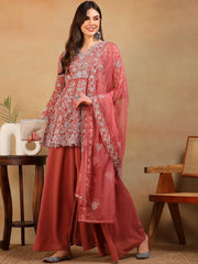 Women Mauve Georgette Embroidered A-Line Kurta Palazzo Set With Dupatta