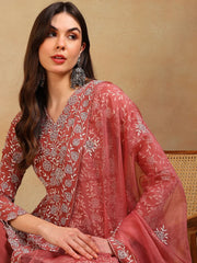 Women Mauve Georgette Embroidered A-Line Kurta Palazzo Set With Dupatta