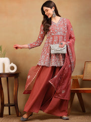 Women Mauve Georgette Embroidered A-Line Kurta Palazzo Set With Dupatta