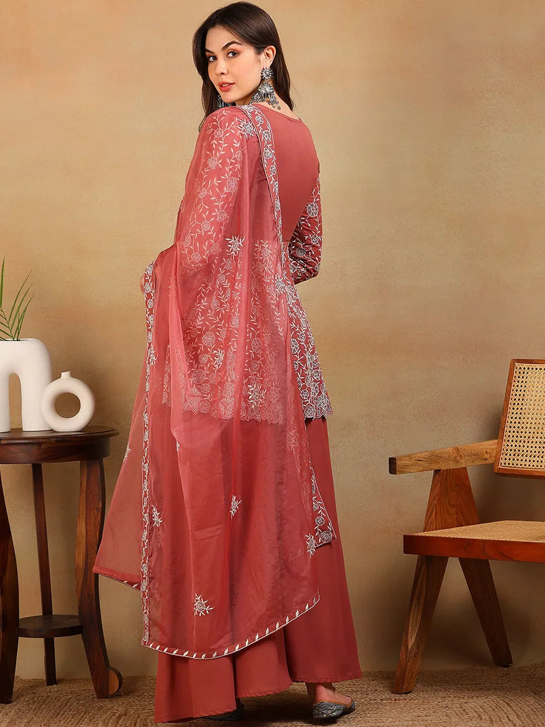 Mauve Embroidered Kurta Palazzo Set for Women - Kurta and Palazzo