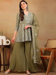 Women Olive Georgette Embroidered A-Line Kurta Palazzo Set With Dupatta