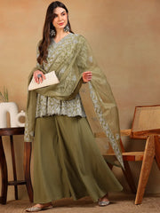 Women Olive Georgette Embroidered A-Line Kurta Palazzo Set With Dupatta