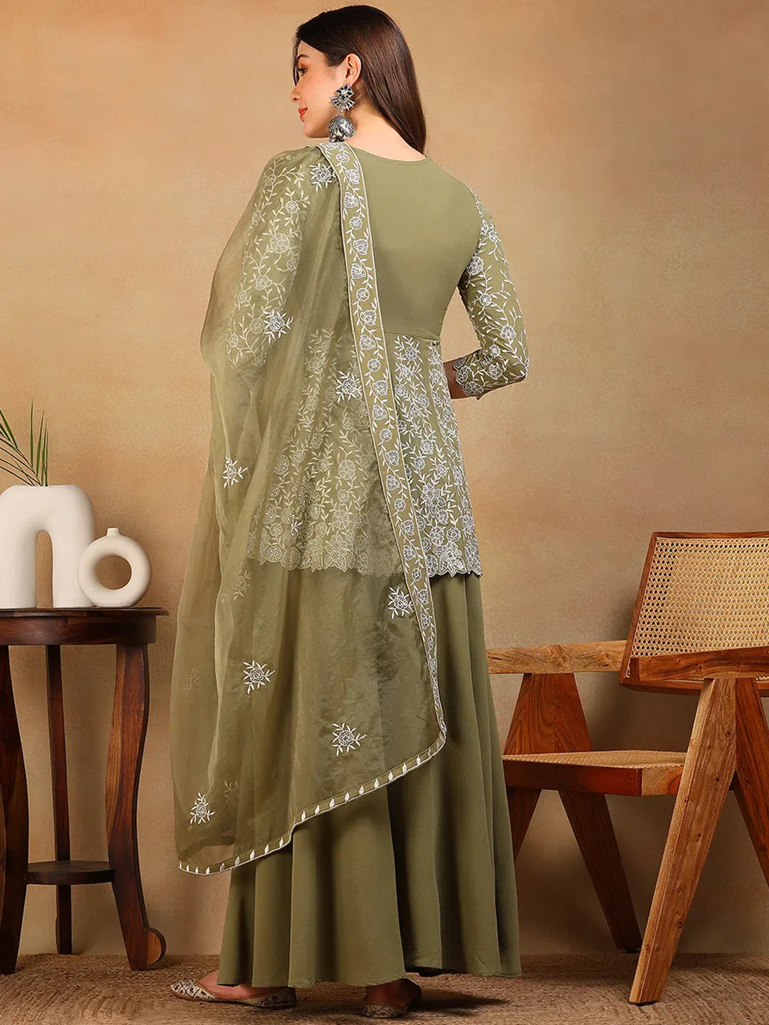 Olive Embroidered Kurta Palazzo Set with Dupatta for Women