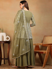 Women Olive Georgette Embroidered A-Line Kurta Palazzo Set With Dupatta