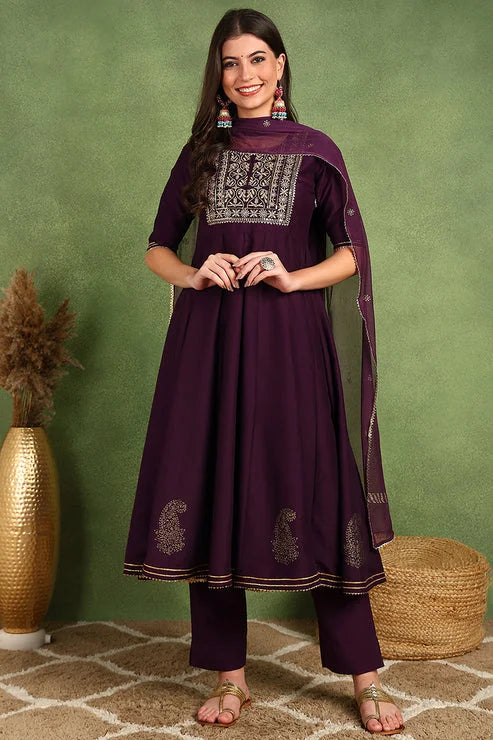 Purple Silk Blend Women's Kurta Set with Dupatta | Indian Kurta