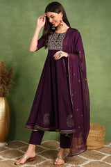 Women's Purple Silk Blend Woven Design Embroidered Flared Kurta Trouser With Dupatta PKSKD2255