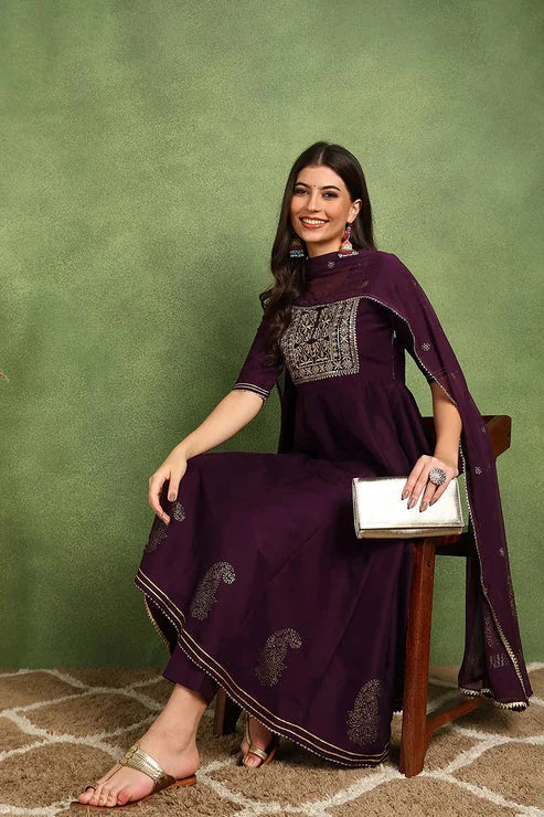 Purple Silk Blend Women's Kurta Set with Dupatta | Indian Kurta