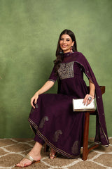 Women's Purple Silk Blend Woven Design Embroidered Flared Kurta Trouser With Dupatta PKSKD2255