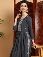 Women Grey Georgette Embroidered Straight Kurta Sharara Set With Dupatta