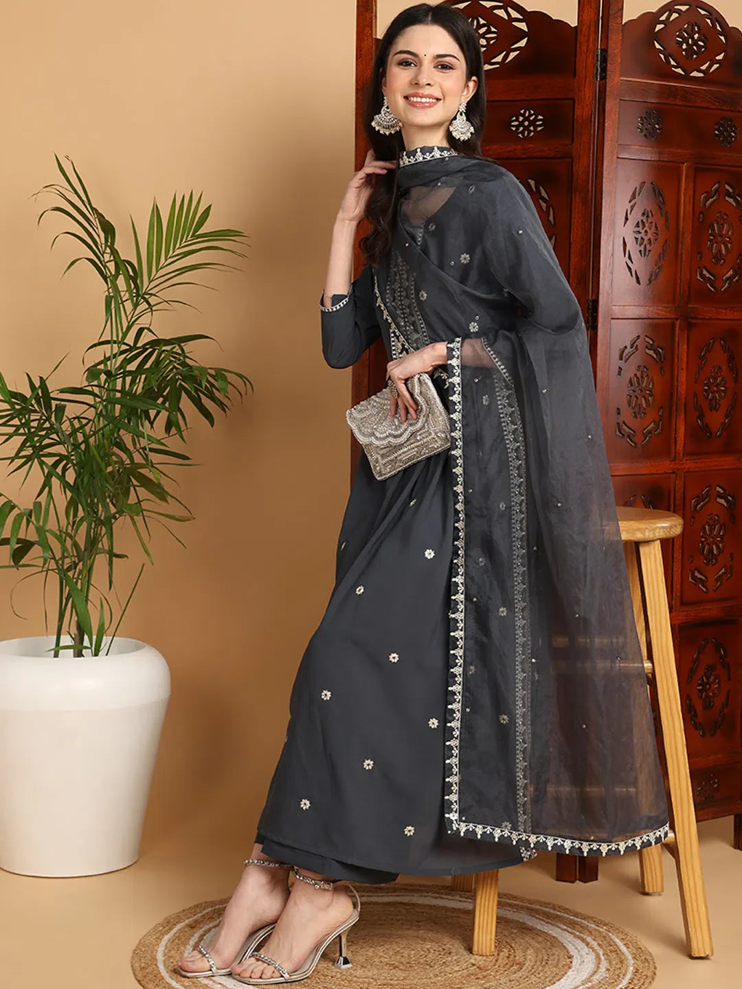 Grey Embroidered Kurta Sharara Set - Designer Sharara Suits