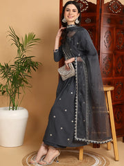 Women Grey Georgette Embroidered Straight Kurta Sharara Set With Dupatta