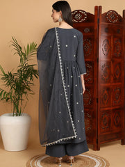Women Grey Georgette Embroidered Straight Kurta Sharara Set With Dupatta