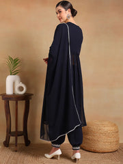 Women Navy Blue Georgette Embroidered Straight Kurta Salwar Set With Dupatta