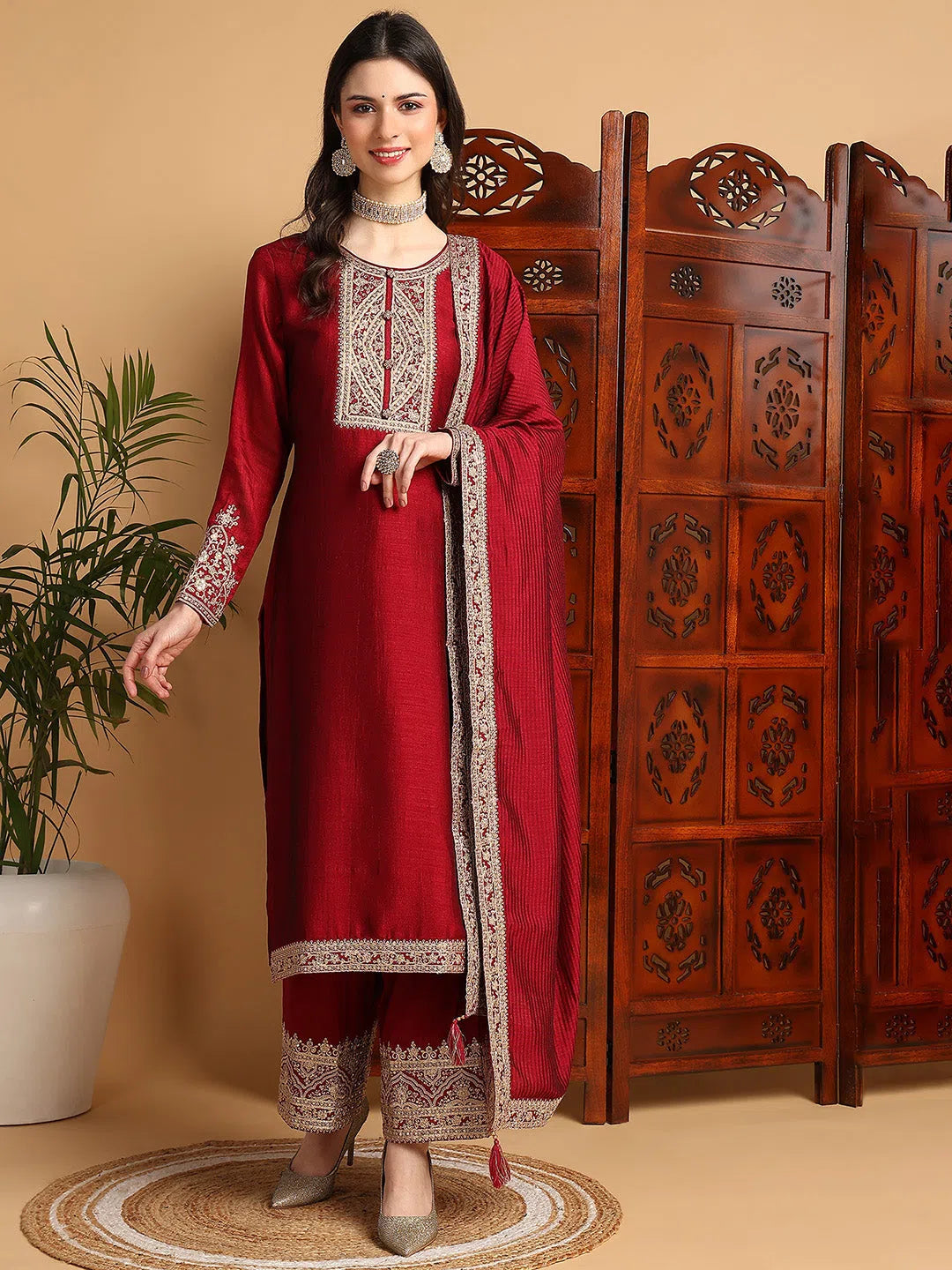 Women Maroon Silk Blend Solid Embroidered Straight Kurta Palazzo With Dupatta