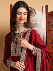 Women Maroon Silk Blend Solid Embroidered Straight Kurta Palazzo With Dupatta