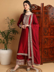 Women Maroon Silk Blend Solid Embroidered Straight Kurta Palazzo With Dupatta
