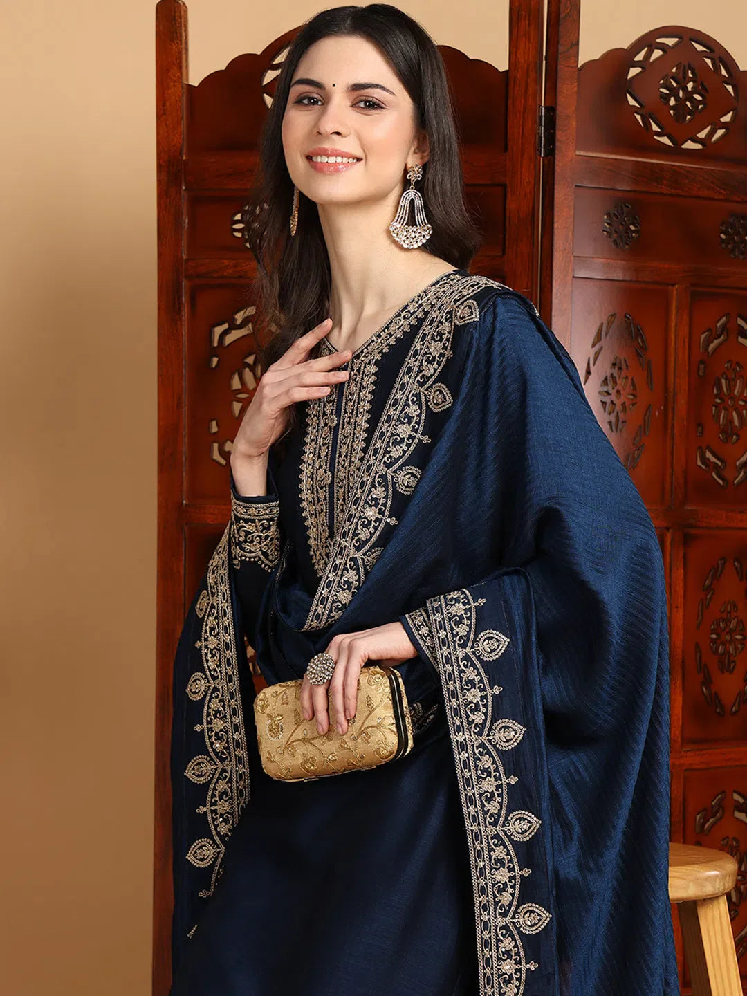 Navy Blue Embroidered Kurta Palazzo Set | Women's Palazzo Pant...