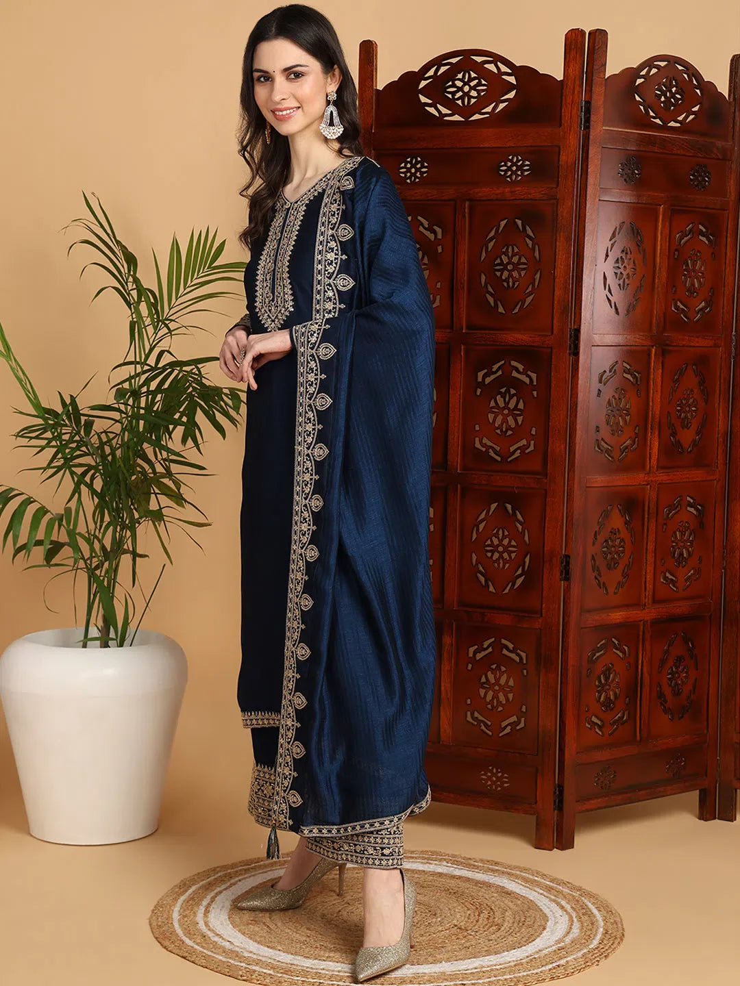 Navy Blue Embroidered Kurta Palazzo Set | Women's Palazzo Pant...