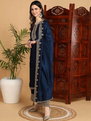 Women Navy Blue Silk Blend Embroidered Straight Kurta Palazzo Set With Dupatta